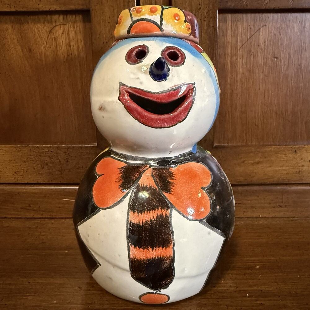 Handmade Mexican Talavera Pottery Snowman Clown Luminary Figurine 7.5” Kitschy